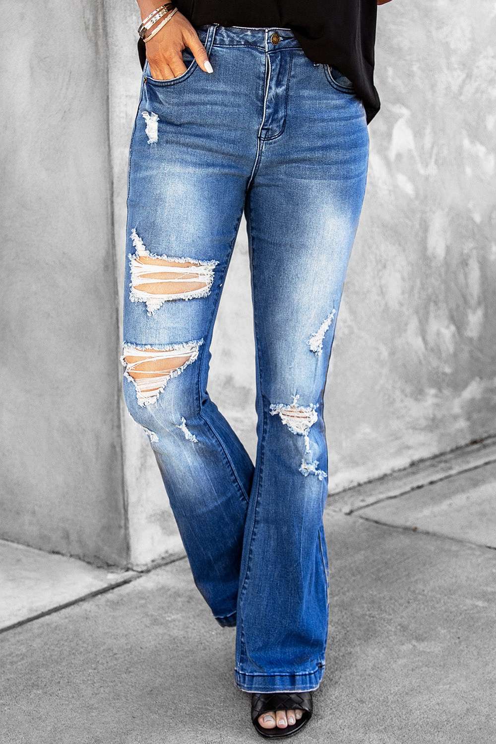 Distressed Flare Leg Jeans with Pockets - Minihomy