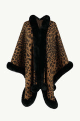 Animal Print Faux Fur Trim Poncho Jacket - Minihomy