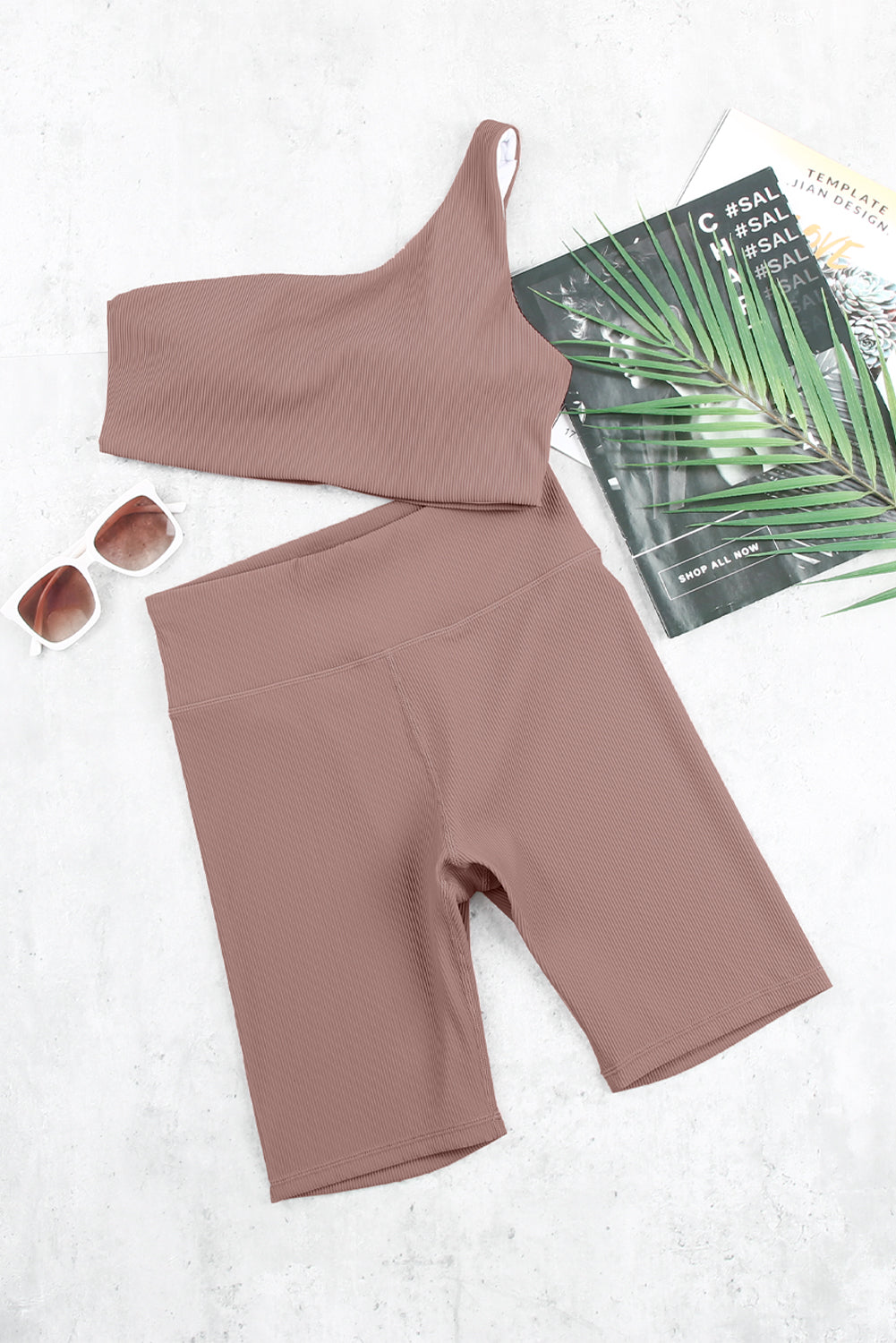 One-shoulder Sports Bra and Biker Shorts Set - Minihomy