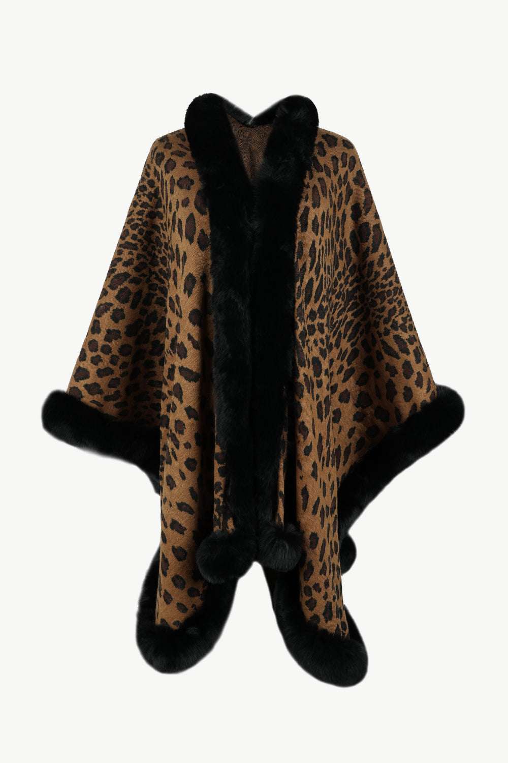 Animal Print Faux Fur Trim Poncho Jacket - Minihomy