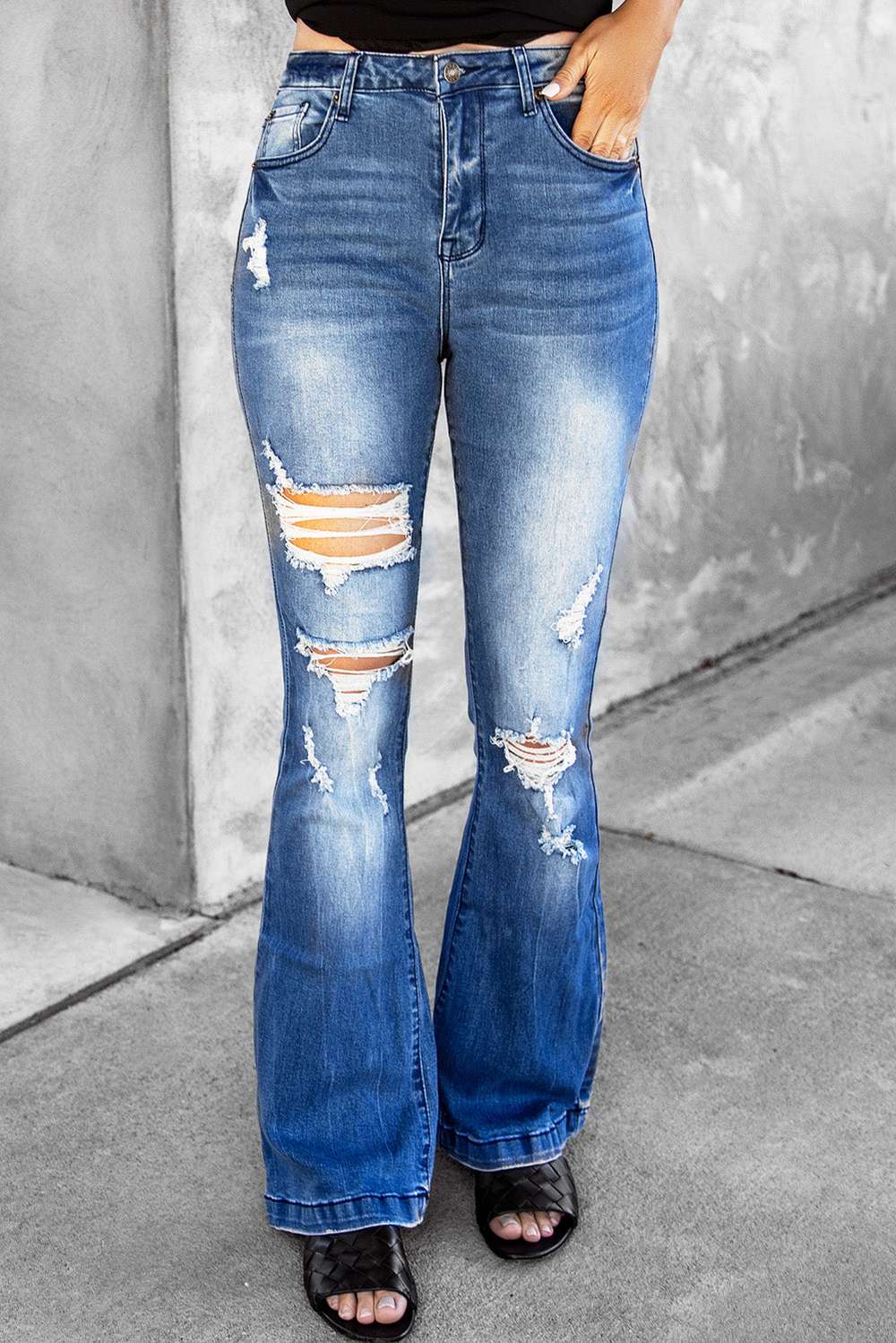Distressed Flare Leg Jeans with Pockets - Minihomy