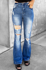 Distressed Flare Leg Jeans with Pockets - Minihomy