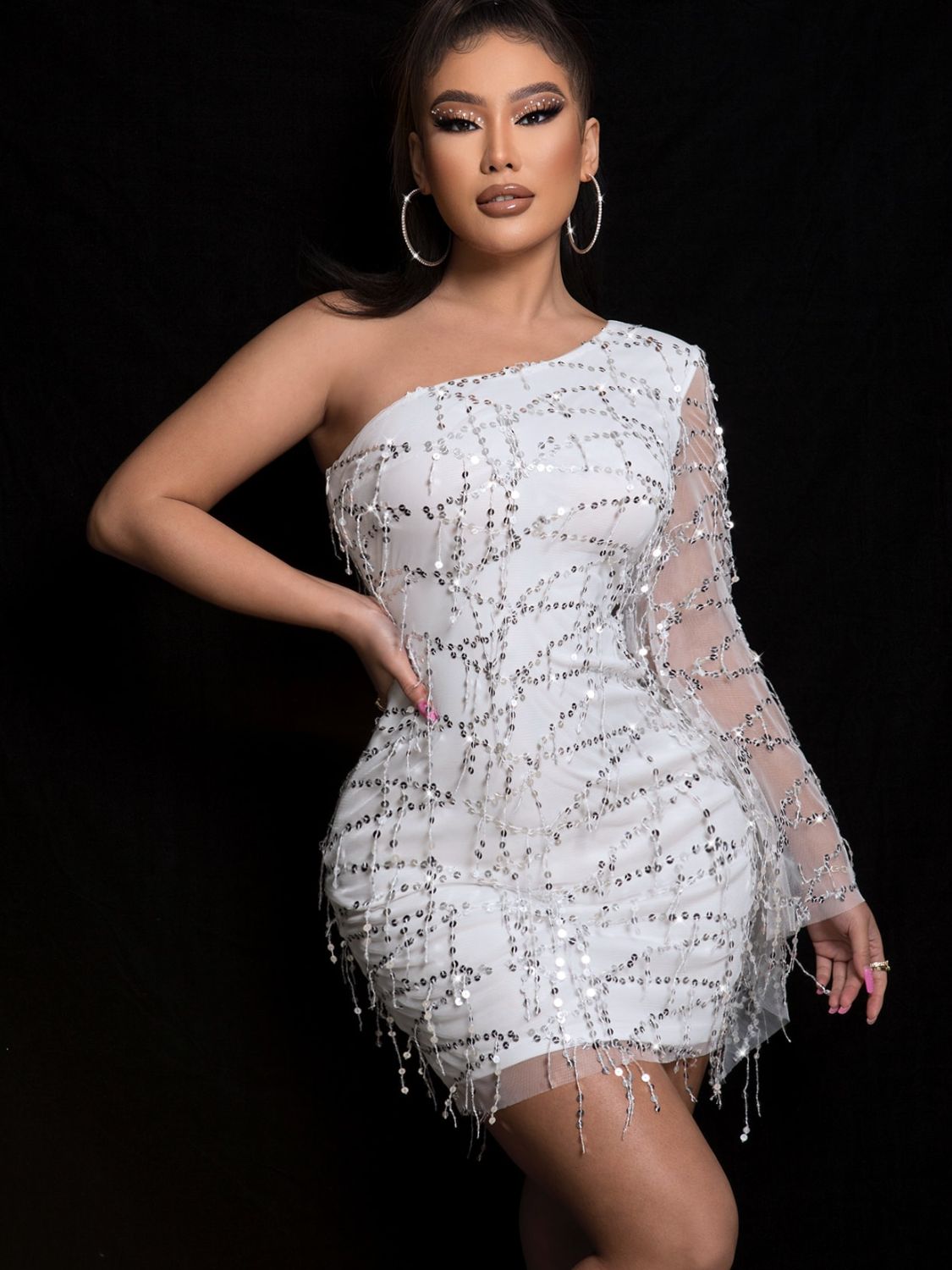 Sequin One Shoulder Spliced Mesh Sleeve Dress: Dazzle in Elegance