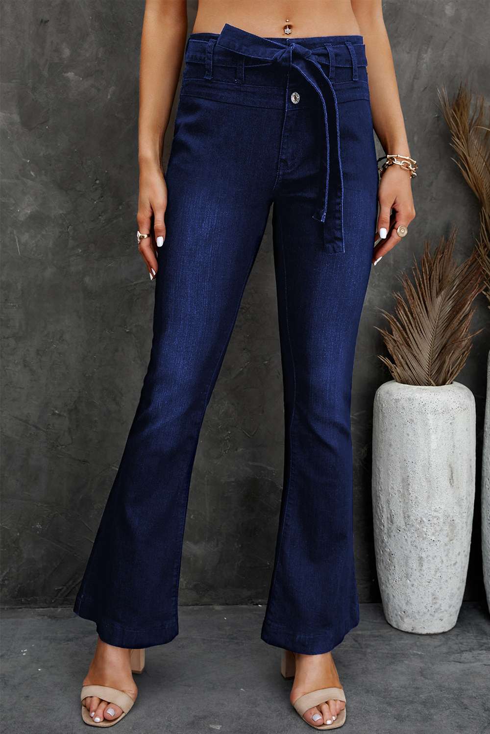 Belted Bell Bottom Jeans - Minihomy