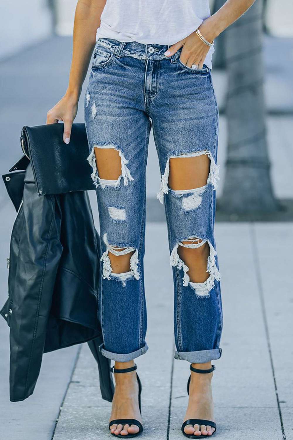 Distressed Frayed Trim Straight Leg Jeans - Minihomy