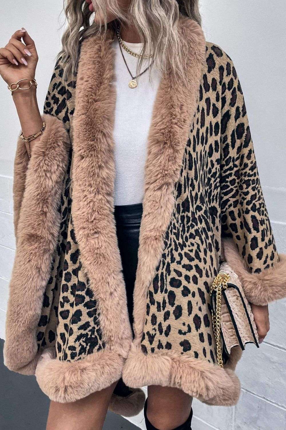 Animal Print Faux Fur Trim Poncho Jacket - Minihomy
