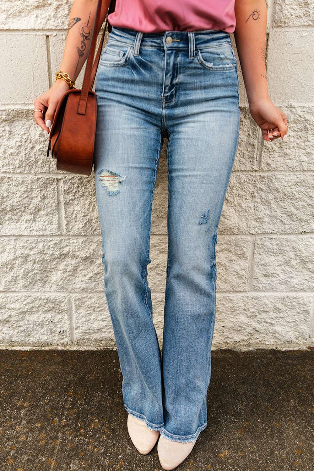 High-Rise Waist Distressed Flare Jeans - Minihomy