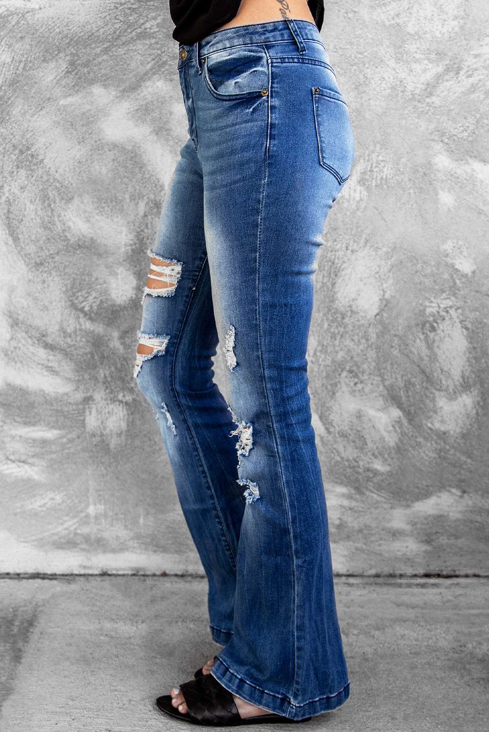 Distressed Flare Leg Jeans with Pockets - Minihomy