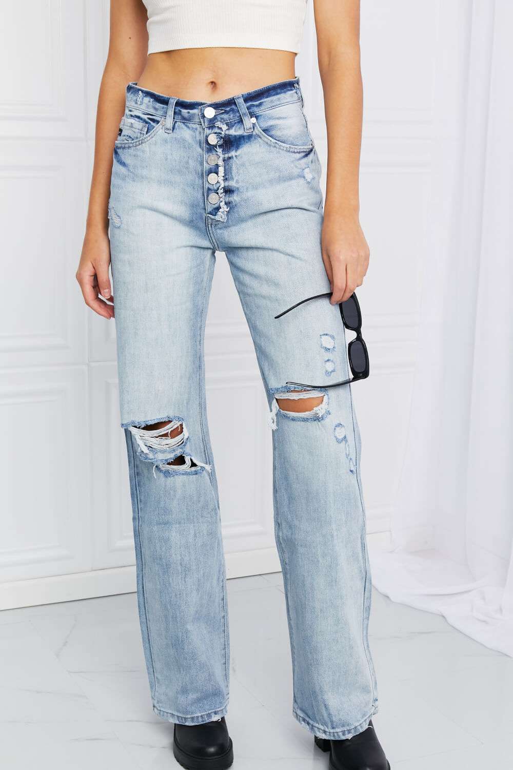 Kancan Button Fly Distressed Raw Hem Straight leg Jeans - Minihomy
