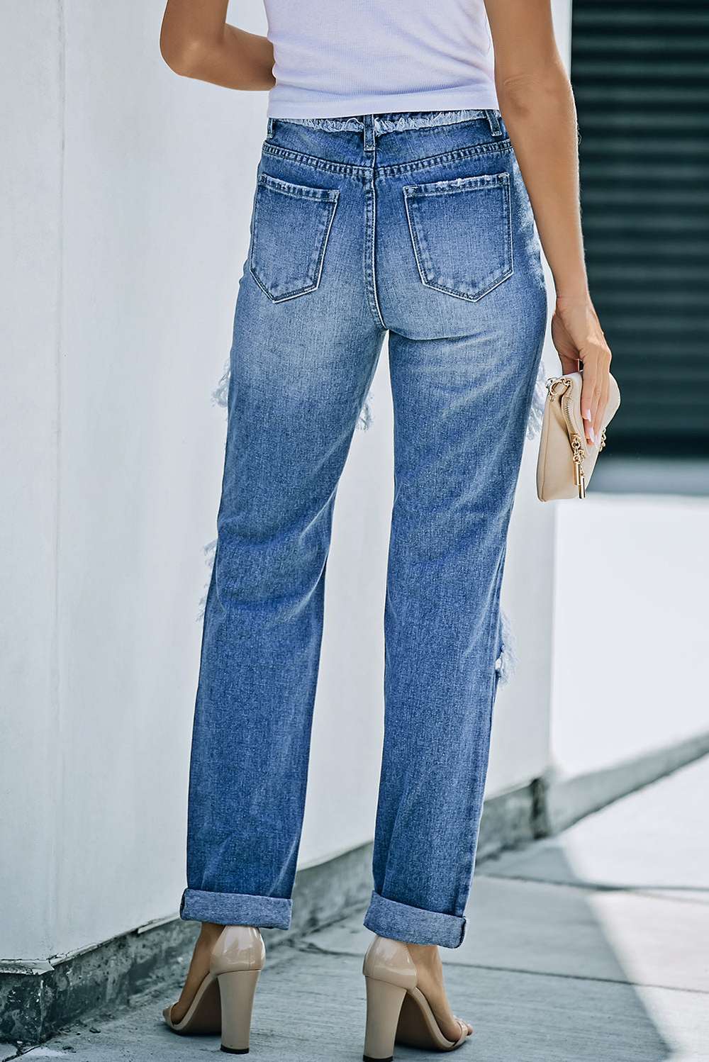Distressed Frayed Trim Straight Leg Jeans - Minihomy