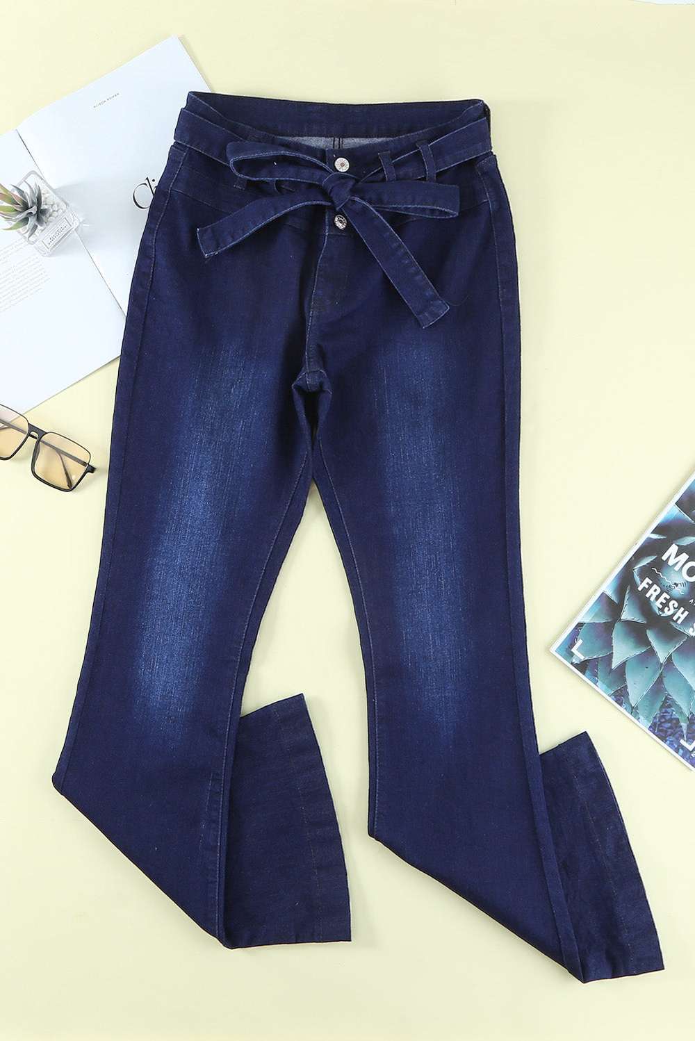 Belted Bell Bottom Jeans - Minihomy