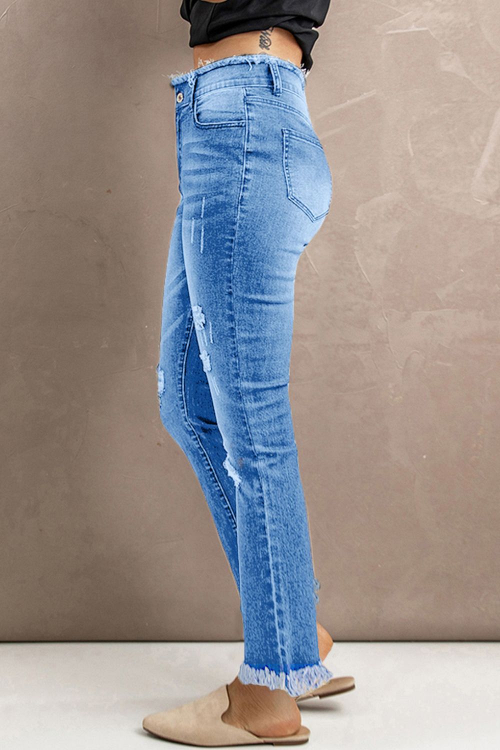 High Waist Distressed Raw Hem Jeans - Minihomy