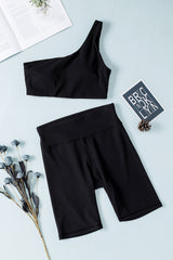 One-shoulder Sports Bra and Biker Shorts Set - Minihomy