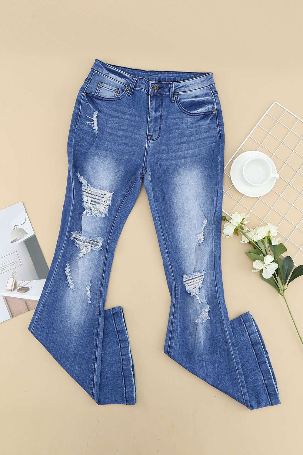 Distressed Flare Leg Jeans with Pockets - Minihomy