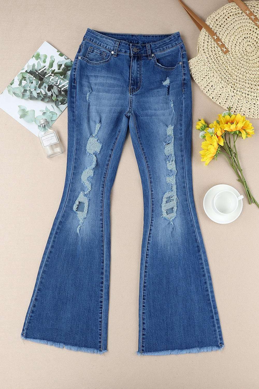 Distressed Frayed Hem Flare Jeans - Minihomy