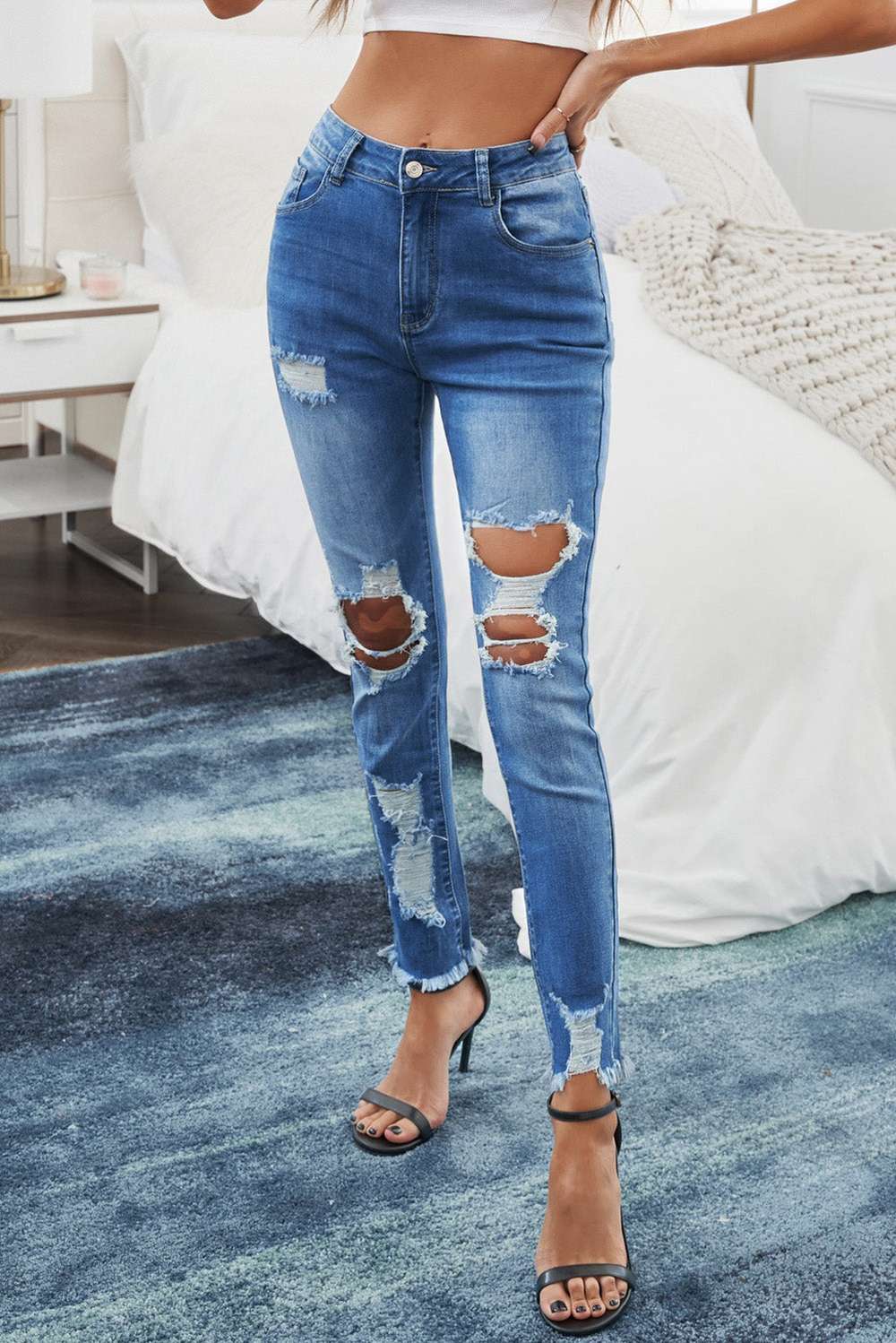 High-Rise Waist Distressed Skinny Jeans - Minihomy