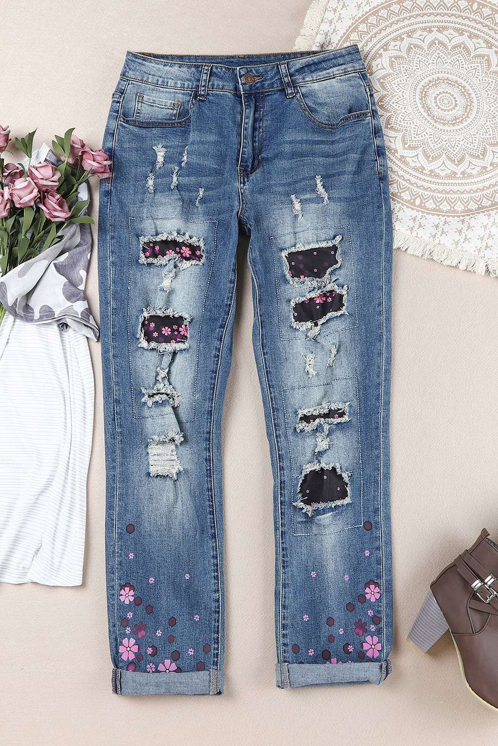 Floral Graphic Patchwork Distressed Jeans with Pockets - Minihomy