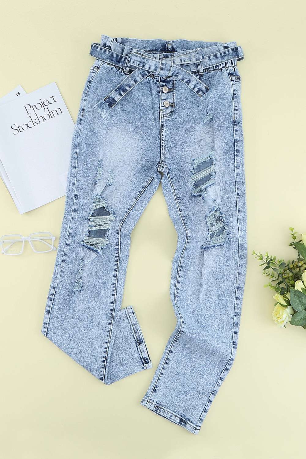 Acid Wash Belted Button Fly Distressed Jeans - Minihomy