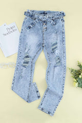 Acid Wash Belted Button Fly Distressed Jeans - Minihomy