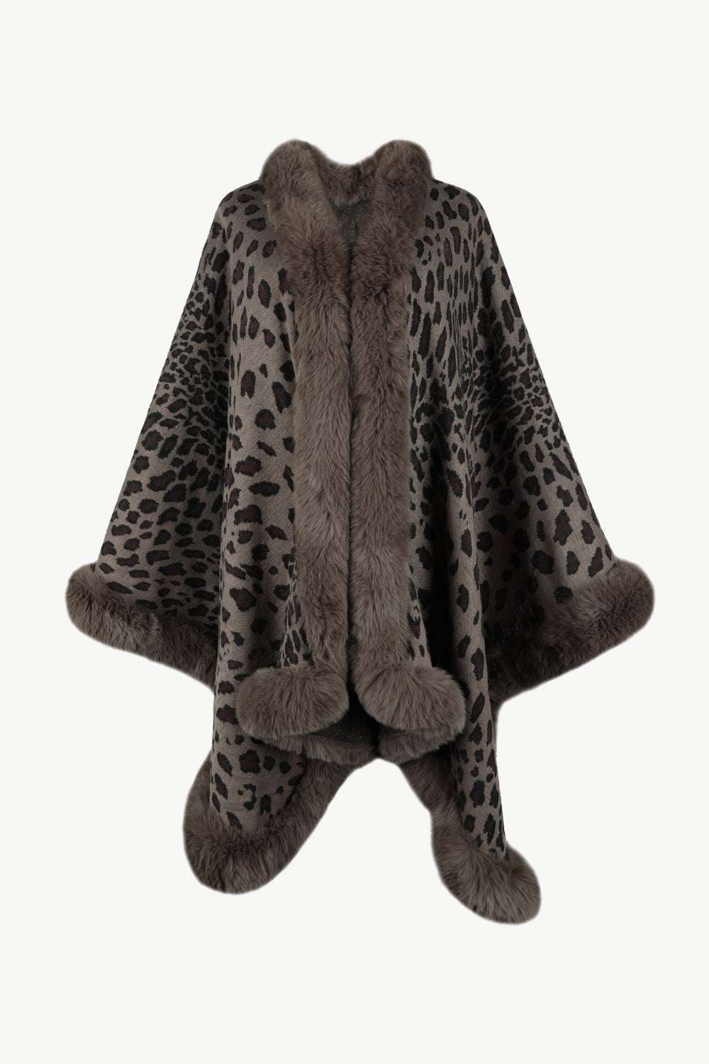 Animal Print Faux Fur Trim Poncho Jacket - Minihomy