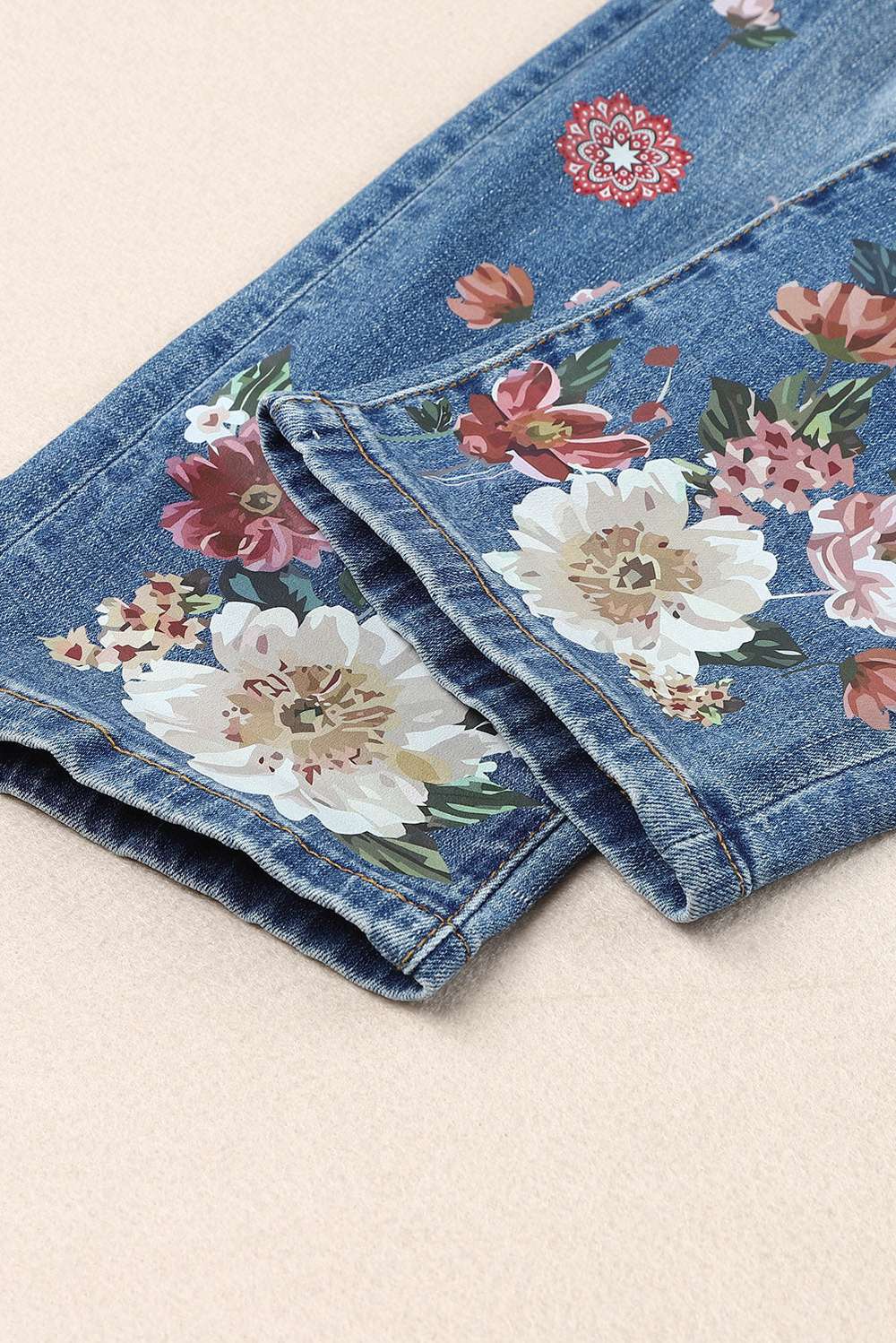 Floral Graphic Patchwork Distressed Jeans - Minihomy