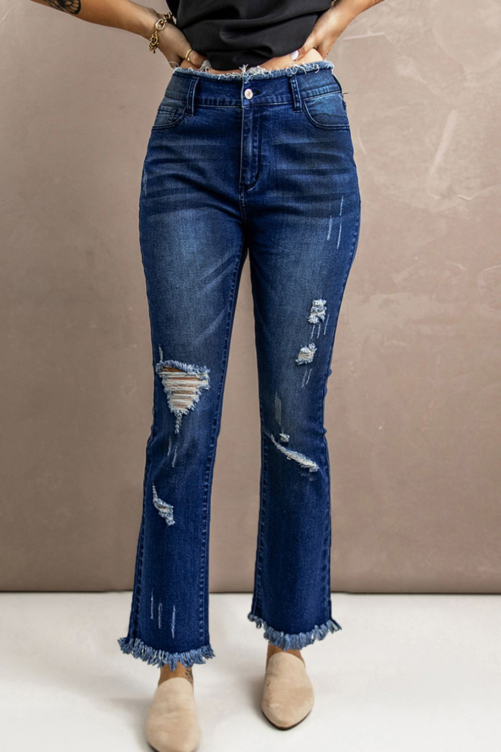 High Waist Distressed Raw Hem Jeans - Minihomy