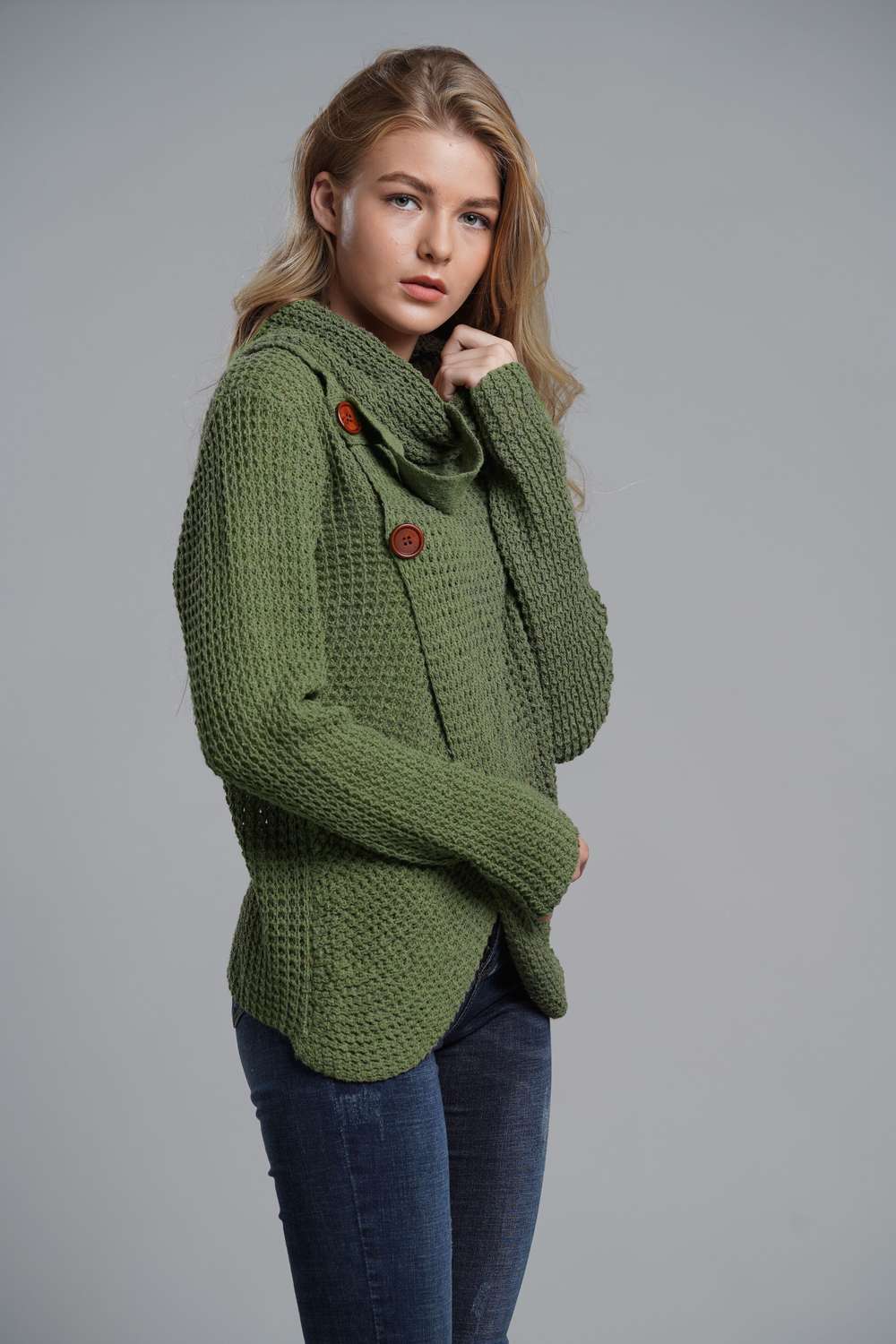 Button Detail Tulip Hem Waffle Knit Sweater - Minihomy