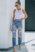 Distressed Frayed Trim Straight Leg Jeans - Minihomy