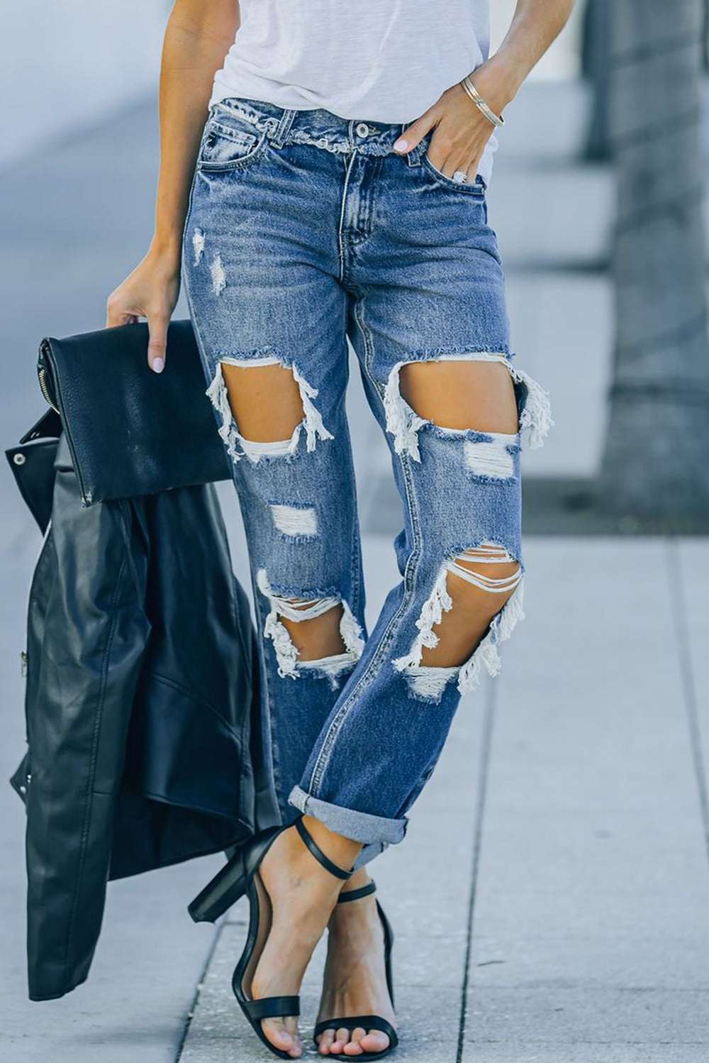 Distressed Frayed Trim Straight Leg Jeans - Minihomy